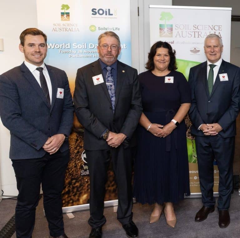 Mr Ed Scott, SSA President, Mr Michael Walker, SSA CEO, Parliamentary Friends of Soil Co-Chairs Ms Meryl Swanson MP and the Hon Michael McCormack MP