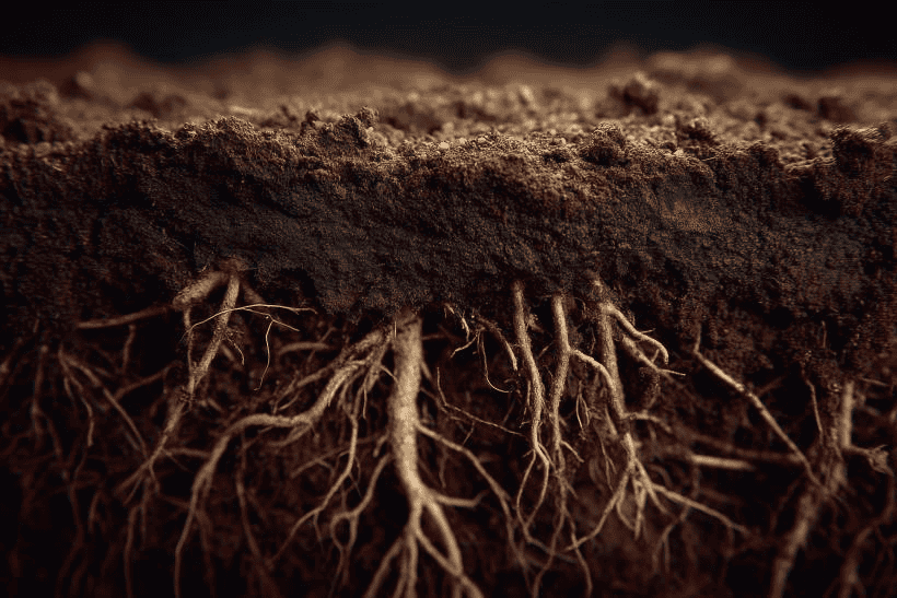 Rich soil with healthy roots promoting sustainable agriculture and soil science expertise.